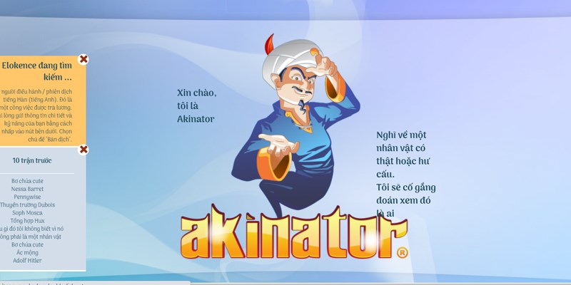  Truy cập trang game Akinator để chơi và thử tài suy đoán của thần đèn bằng tiếng Việt ngay thôi nào.